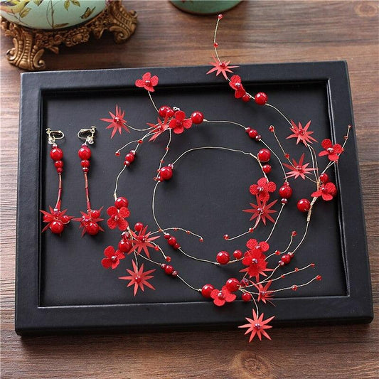 Set accesoriu par modelator si cercei, auriu, cu floricele si margelute rosii, Kyle C4 - Pursehuit.ro