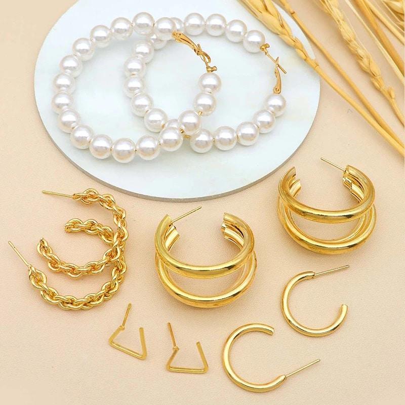 Set cercei, aurii, forme diverse, cu perle, Sanja C27 - Pursehuit.ro