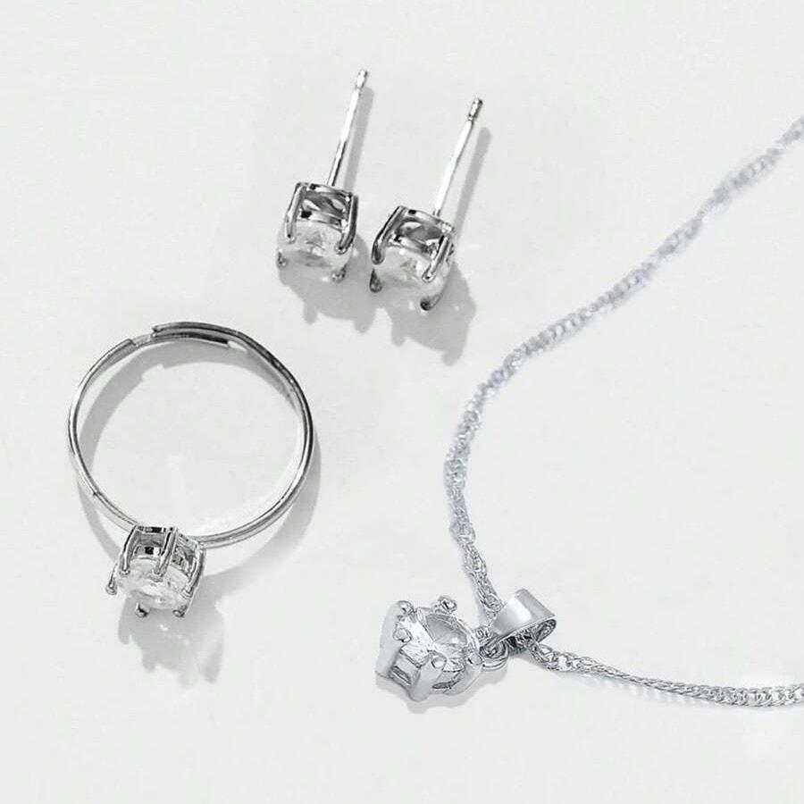 Set colier, cercei, inel si bratara tennis, argintiu, cu pietre, Nichlaes C8 - Pursehuit.ro