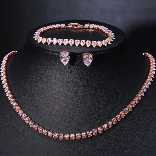 Set colier, cercei si bratara, tennis, rose-gold, cu pietre din zirconiu, Nicha C1