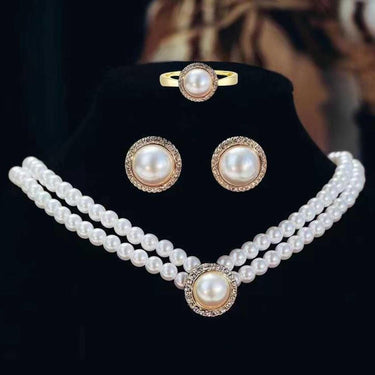 Set colier, cercei si inel reglabil, auriu, cu perle si pietre, Otis C4 - Pursehuit.ro