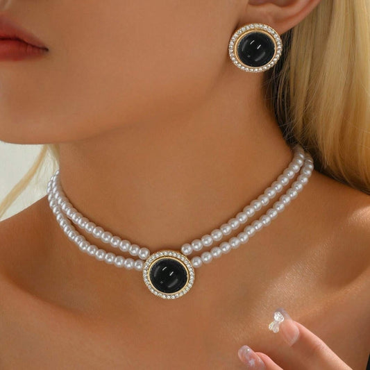 Set colier choker si cercei, auriu, cu perle si pietre, Orville C5