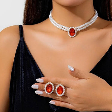 Set colier choker si cercei, auriu, cu perle si pietre rosii, Osa C5 - Pursehuit.ro