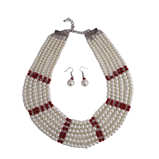 Set colier si cercei alb, cu perle si margele rosii, Baldur C3 - Pursehuit.ro
