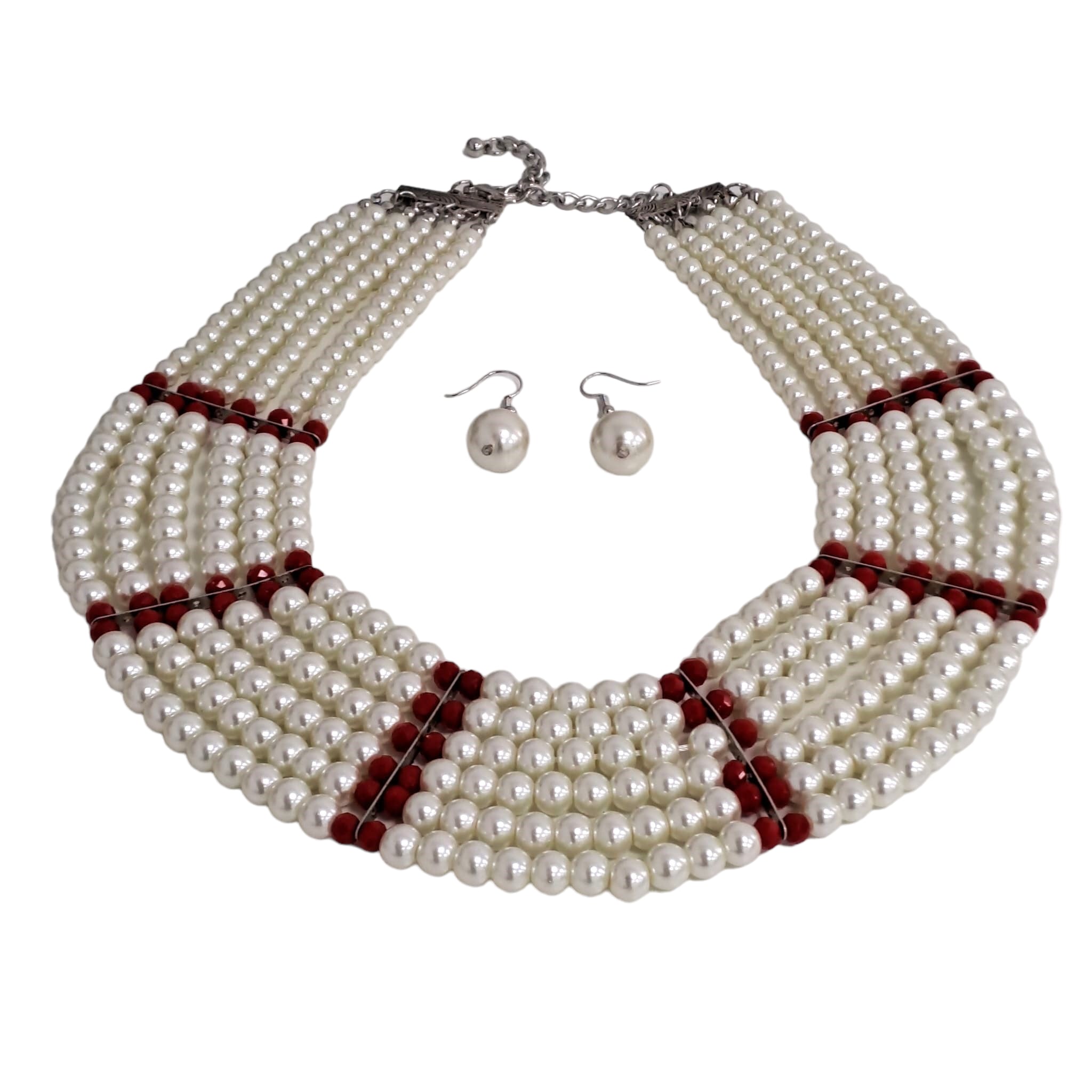 Set colier si cercei alb, cu perle si margele rosii, Baldur C12