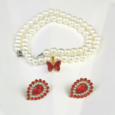 Set colier si cercei, auriu, cu fluture, pietre rosii si perle, Omaya C3 - Pursehuit.ro