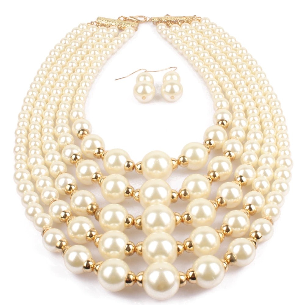 Set colier si cercei, auriu, cu perle, in straturi multiple, Jemy C7