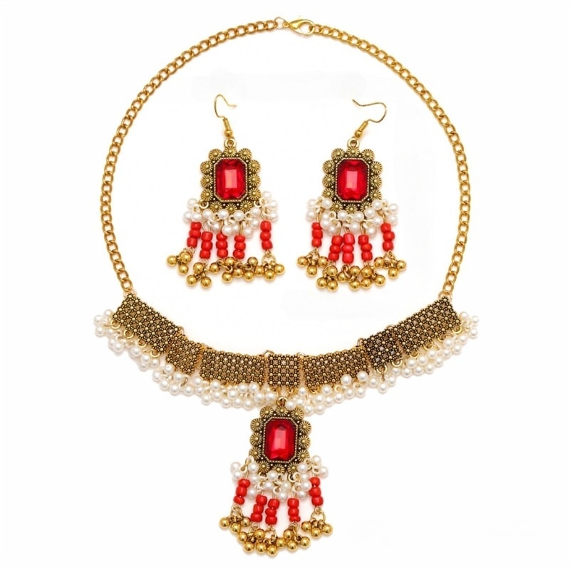 Set colier si cercei, auriu, stil indian, cu pietre rosii si perle, Liana C15