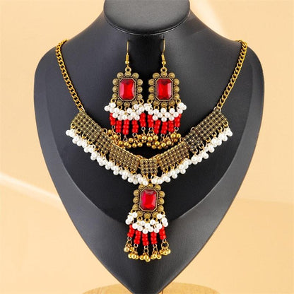 Set colier si cercei, auriu, stil indian, cu pietre rosii si perle, Liana C1 - Pursehuit.ro