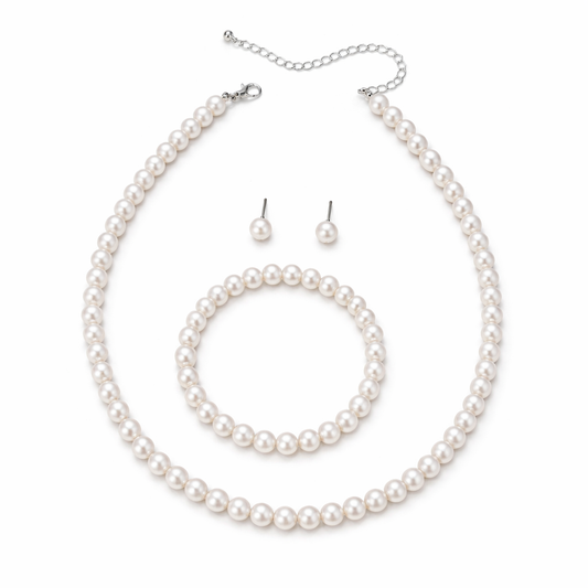 Set colier, bratara si cercei, argintiu, cu perle, Aija C24