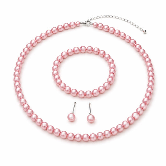 Set colier, bratara si cercei, argintiu, cu perle roz, Aina C26
