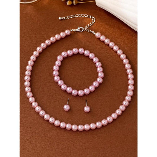 Set colier, bratara si cercei, argintiu, cu perle roz, Aina C16 - Pursehuit.ro