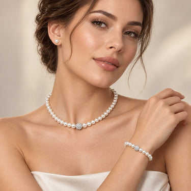 Set colier, bratara si cercei, argintiu, cu perle si cristale, Anu C17