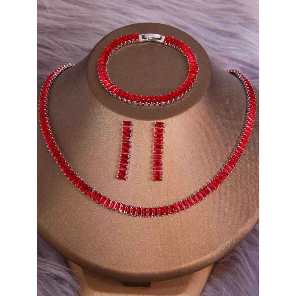 Set colier, bratara si cercei, argintiu, cu pietre rosii din zirconiu, Aapeli C16 - Pursehuit.ro