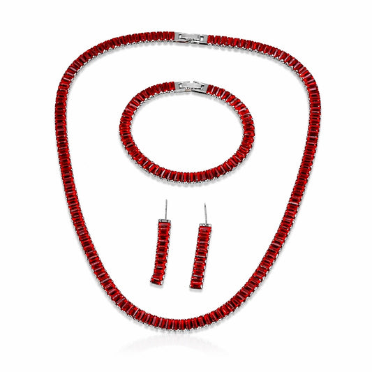 Set colier, bratara si cercei, argintiu, cu pietre rosii din zirconiu, Aapeli C2