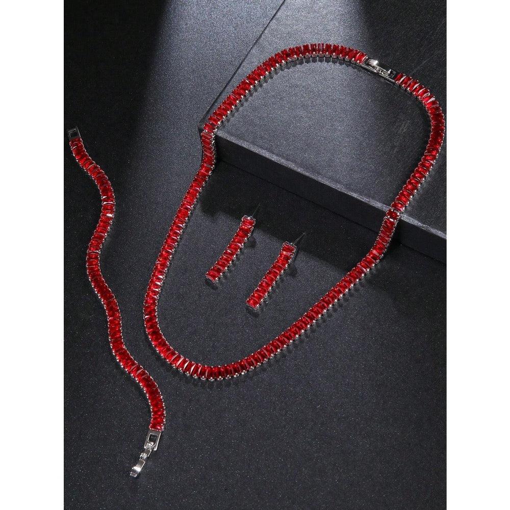 Set colier, bratara si cercei, argintiu, cu pietre rosii din zirconiu, Aapeli C16 - Pursehuit.ro