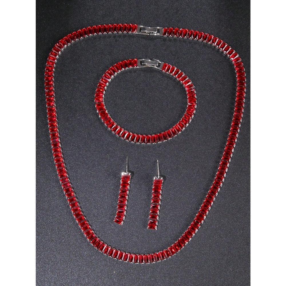 Set colier, bratara si cercei, argintiu, cu pietre rosii din zirconiu, Aapeli C16 - Pursehuit.ro