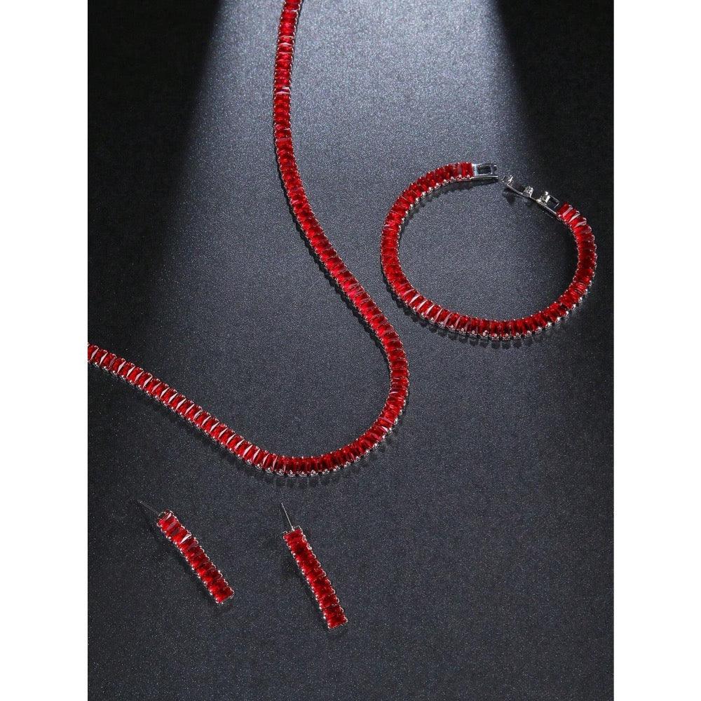 Set colier, bratara si cercei, argintiu, cu pietre rosii din zirconiu, Aapeli C16 - Pursehuit.ro