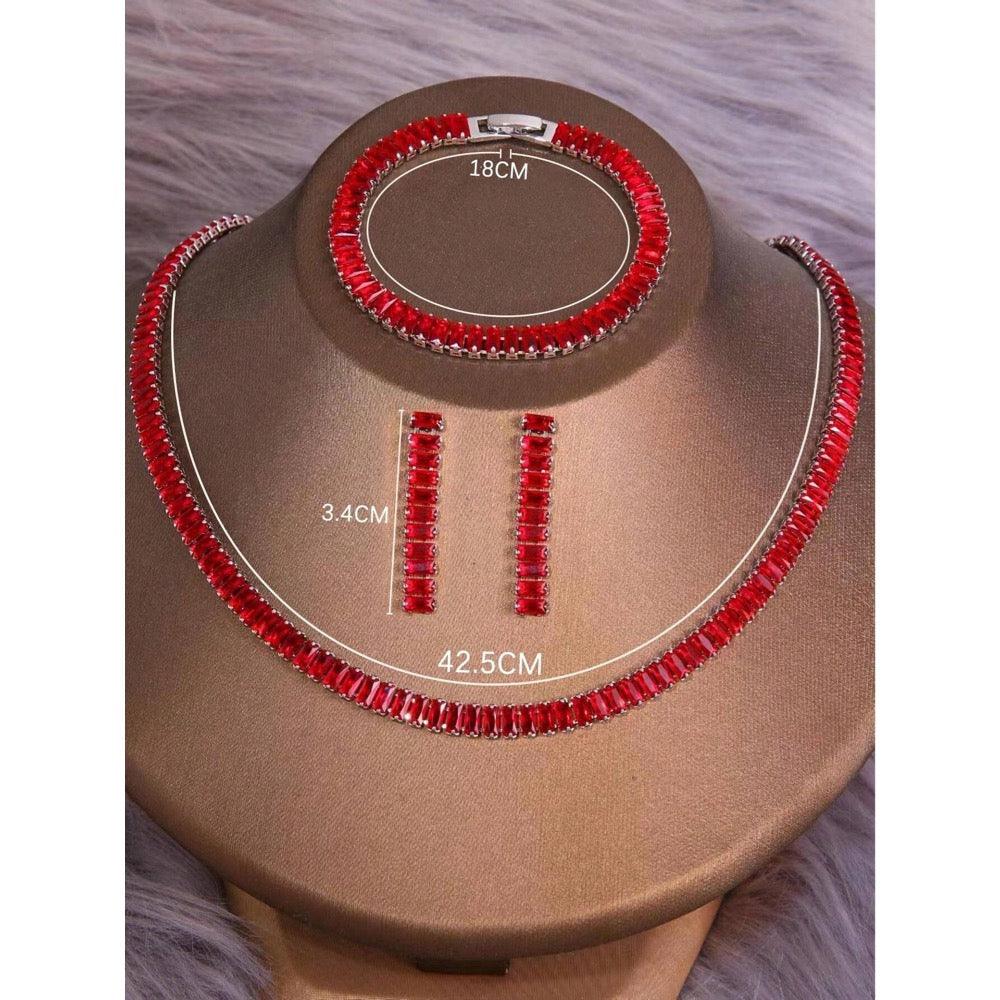 Set colier, bratara si cercei, argintiu, cu pietre rosii din zirconiu, Aapeli C16 - Pursehuit.ro