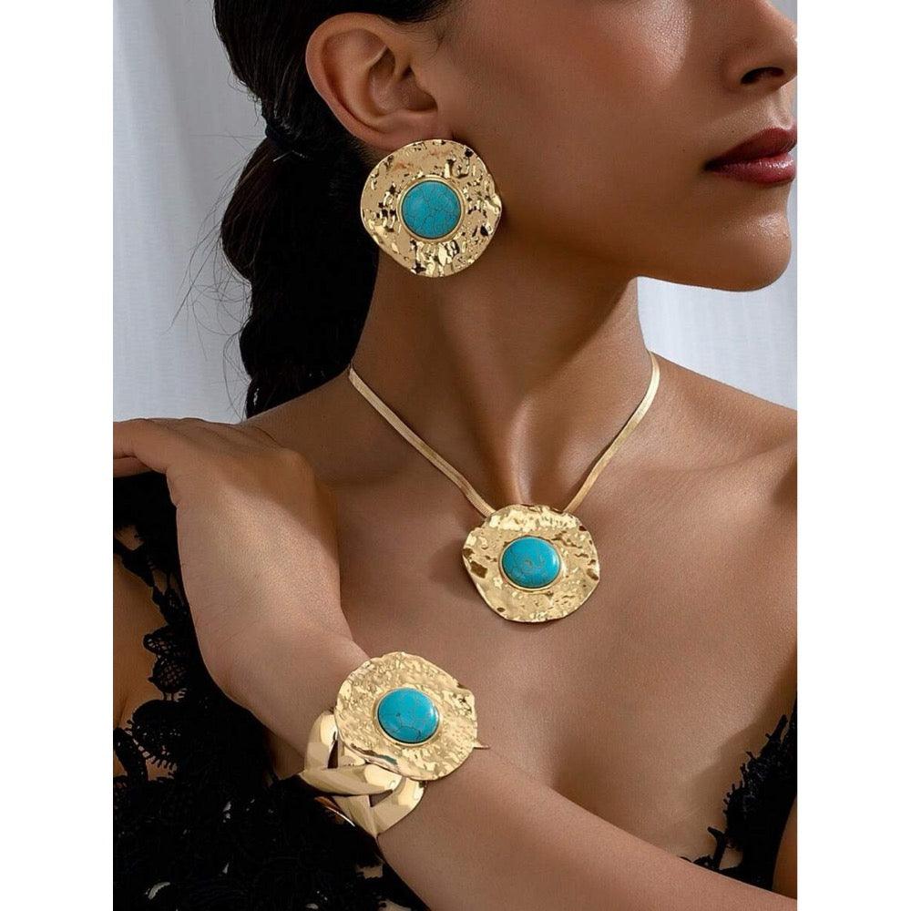 Set colier, bratara si cercei, aurii, texturate, cu pietre turquoise, Irene C18 OUT - Pursehuit.ro