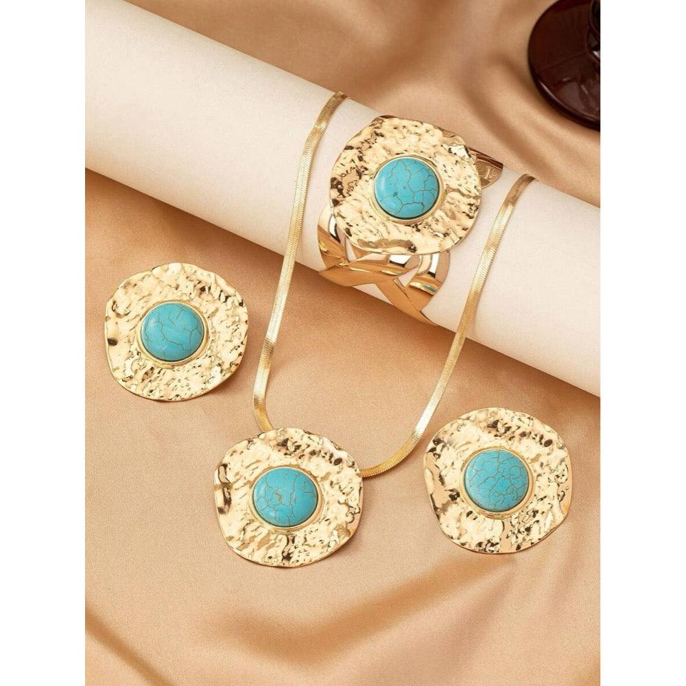 Set colier, bratara si cercei, aurii, texturate, cu pietre turquoise, Irene C18 OUT - Pursehuit.ro