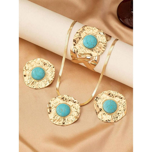 Set colier, bratara si cercei, aurii, texturate, cu pietre turquoise, Irene C18 OUT - Pursehuit.ro