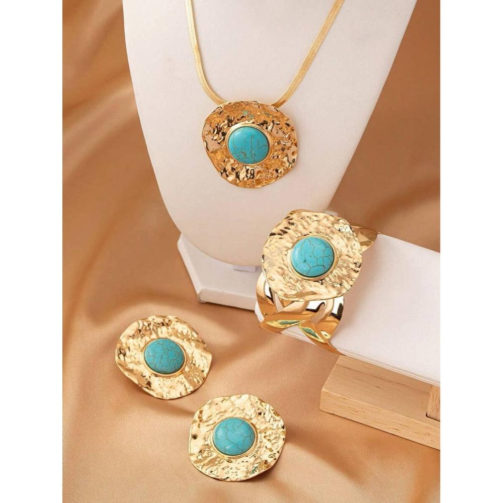 Set colier, bratara si cercei, aurii, texturate, cu pietre turquoise, Irene C18 OUT - Pursehuit.ro