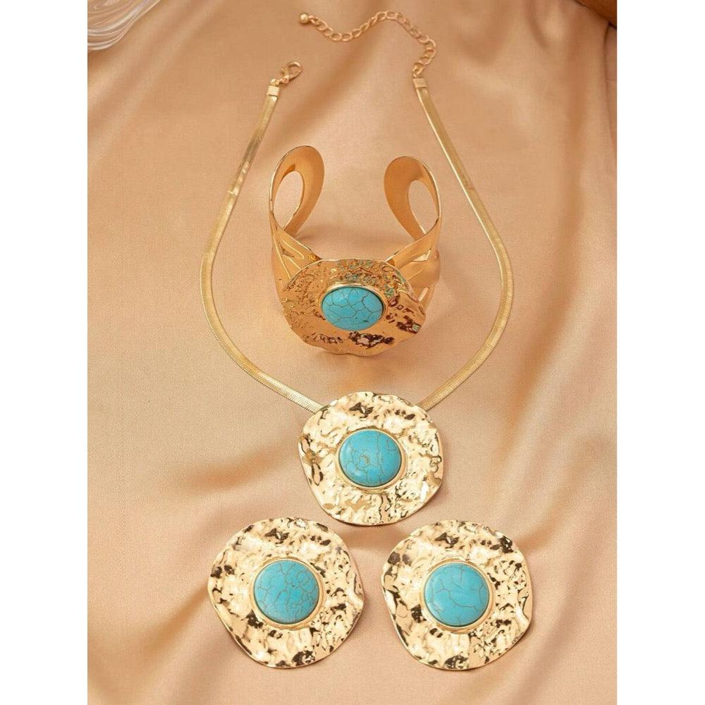 Set colier, bratara si cercei, aurii, texturate, cu pietre turquoise, Irene C18 OUT - Pursehuit.ro