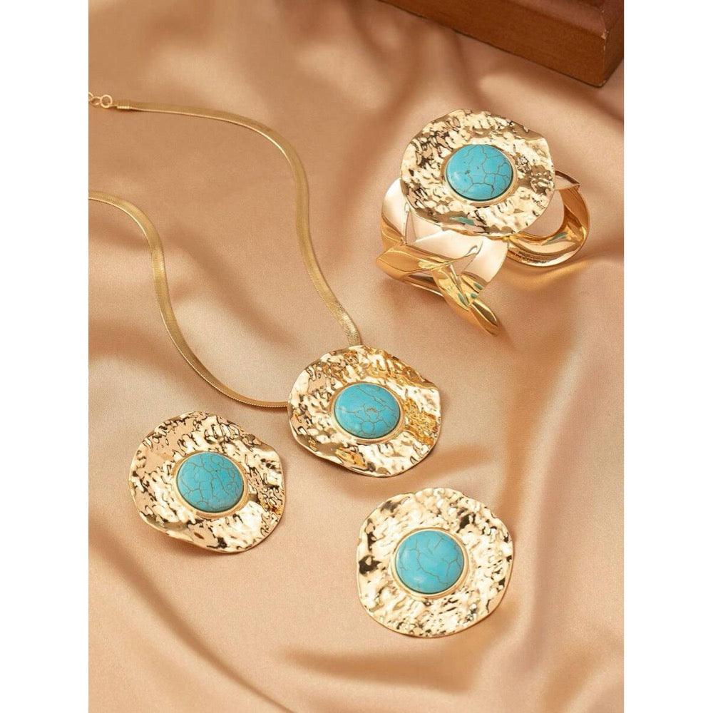 Set colier, bratara si cercei, aurii, texturate, cu pietre turquoise, Irene C18 OUT - Pursehuit.ro