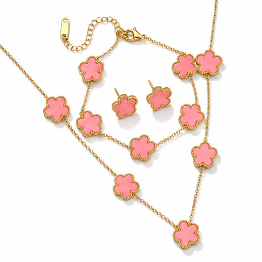 Set colier, bratara si cercei auriu, din otel inoxidabil, suflat cu aur 18k, cu trifoi, Marissea C2