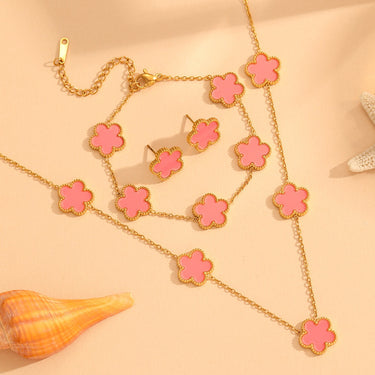 Set colier, bratara si cercei auriu, din otel inoxidabil, suflat cu aur 18k, cu trifoi, Marissea C2