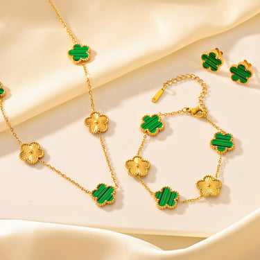 Set colier, bratara si cercei auriu, din otel inoxidabil, suflat cu aur 18k, cu trifoi verde, Vynessa C2