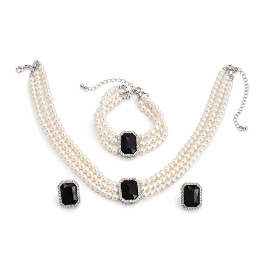 Set colier, cercei, bratara, argintiu, cu perle si pietre negre, Kalevi C19