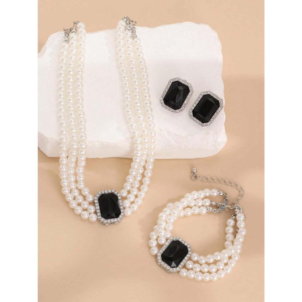 Set colier, cercei, bratara, argintiu, cu perle si pietre negre, Kalevi C19 - Pursehuit.ro