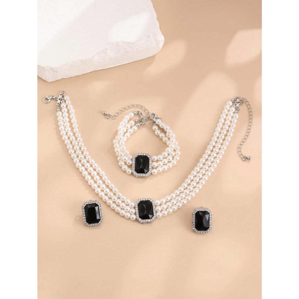 Set colier, cercei, bratara, argintiu, cu perle si pietre negre, Kalevi C19 - Pursehuit.ro