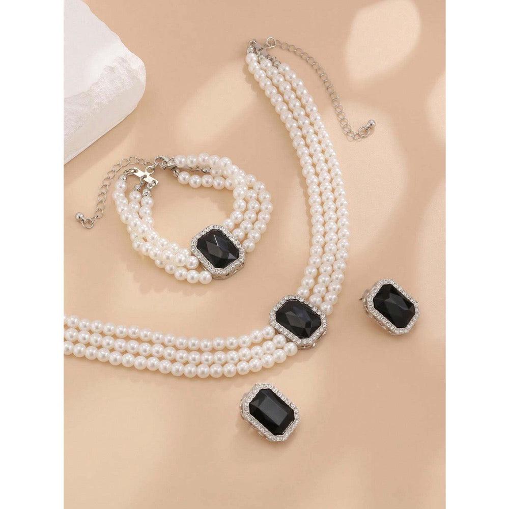 Set colier, cercei, bratara, argintiu, cu perle si pietre negre, Kalevi C19 - Pursehuit.ro