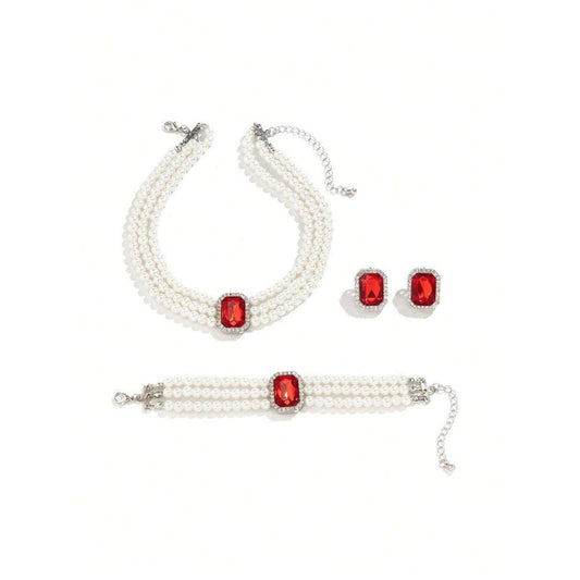 Set colier, cercei, bratara si inel, argintiu, cu perle si pietre rosii, Kaino C19 - Pursehuit.ro