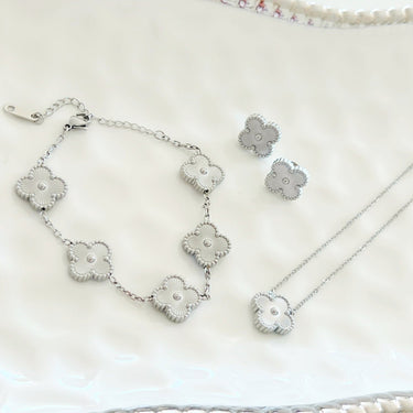 Set colier, cercei si bratara argintiu, din otel inoxidabil, suflat cu aur 18k, cu trifoi, Lorenae C2