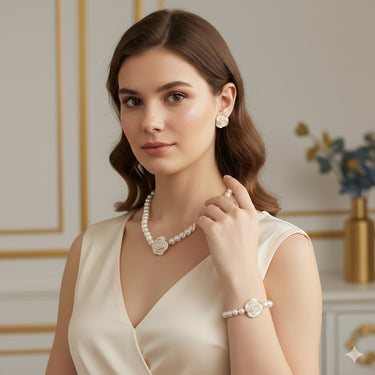Set colier, cercei si bratara, auriu, cu flori si perle, Olymphia C23