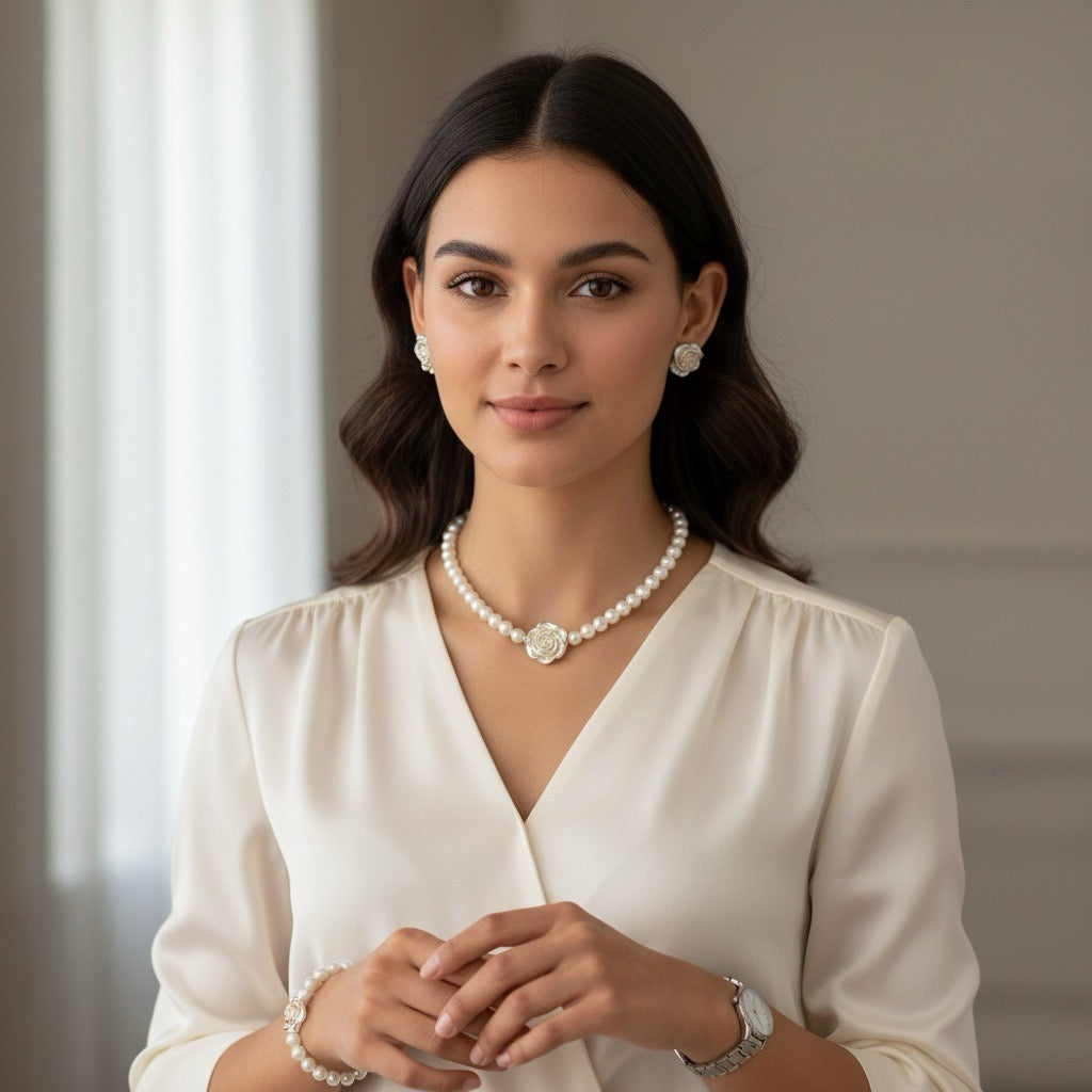 Set colier, cercei si bratara, auriu, cu flori si perle, Olymphia C23