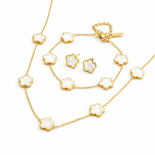Set colier, cercei si bratara auriu, din otel inoxidabil, suflat cu aur 18k, cu trifoi, Alissea C1