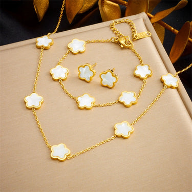 Set colier, cercei si bratara auriu, din otel inoxidabil, suflat cu aur 18k, cu trifoi, Alissea C1