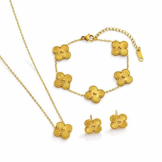 Set colier, cercei si bratara auriu, din otel inoxidabil, suflat cu aur 18k, cu trifoi, Navelle C2