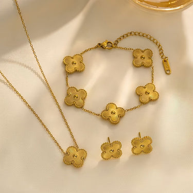 Set colier, cercei si bratara auriu, din otel inoxidabil, suflat cu aur 18k, cu trifoi, Navelle C2
