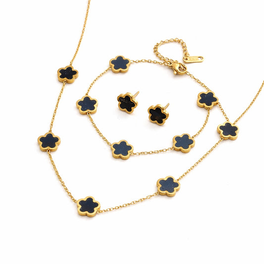 Set colier, cercei si bratara auriu, din otel inoxidabil, suflat cu aur 18k, cu trifoi, Zenira C1
