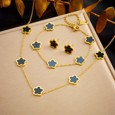 Set colier, cercei si bratara auriu, din otel inoxidabil, suflat cu aur 18k, cu trifoi, Zenira C1