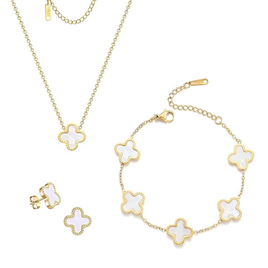 Set colier, cercei si bratara, auriu, din otel inoxidabil, suflat cu aur 18k, cu trifoi alb, Illona C4