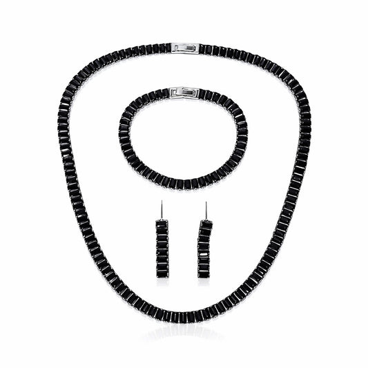 Set colier, cercei si bratara, tennis, argintiu, cu pietre negre din zirconiu, Nicco C2 OUT