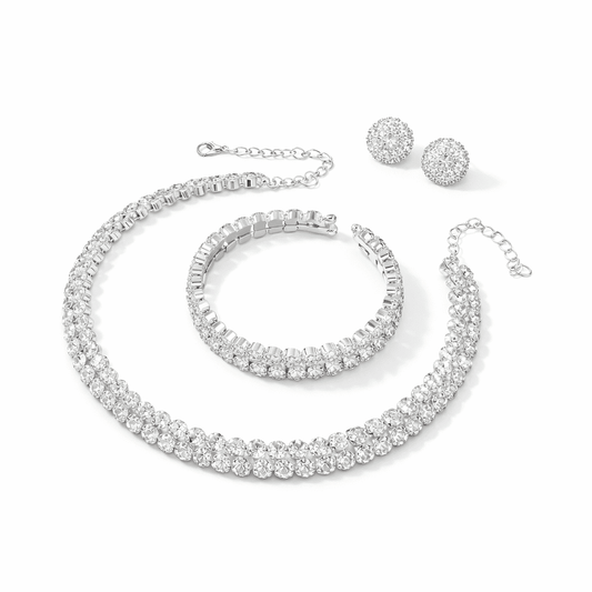 Set colier choker, bratara si cercei, argintiu, cu pietre, Jasmin C18
