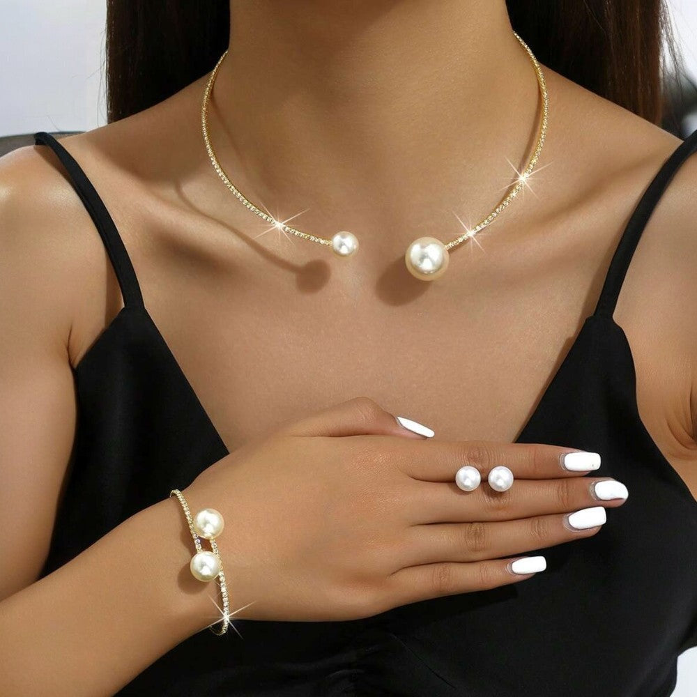 Set colier choker, bratara si cercei, auriu, cu perle si pietre, David C15